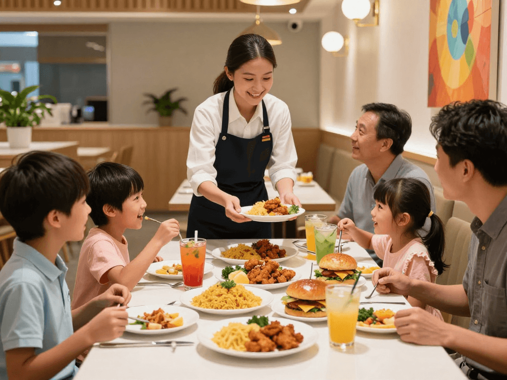 ROKOK88 slot scene of a family dining together, enjoying diverse menu items in a warm, inviting restaurant atmosphere.