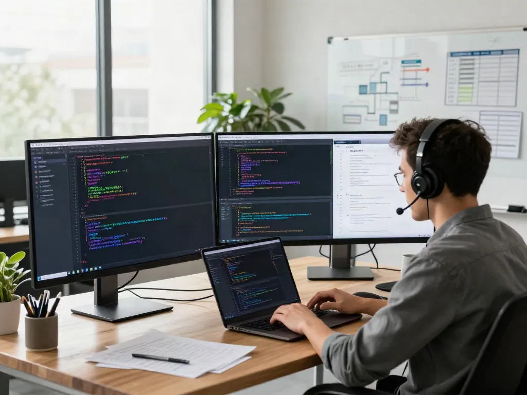 Developer utilizing an OpenAI-compatible API for multiple models in a modern workspace, showcasing coding and API documentation.