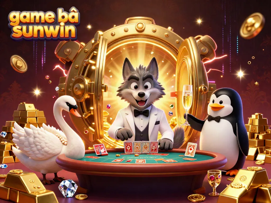 Experience excitement with game bài sunwin through a dynamic casino scene featuring unique characters and treasures.