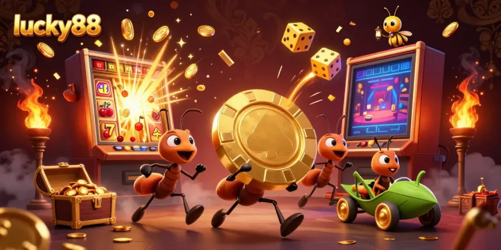 Engaging scene of lucky88-themed heist with ants and casino elements showcasing excitement and jackpots.