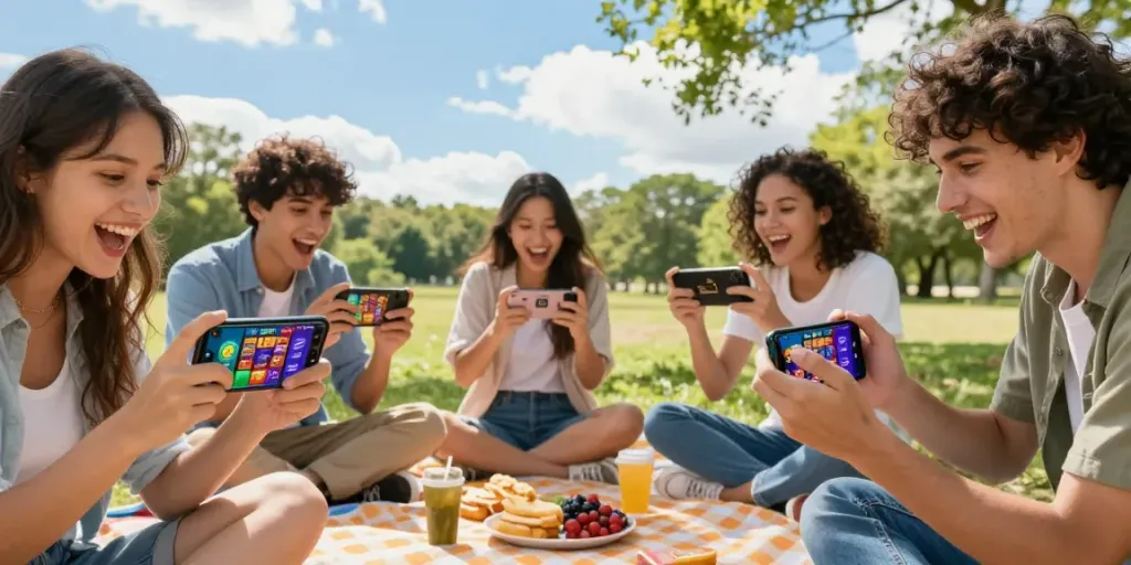 Teman-teman bersenang-senang bermain apk slot di luar ruangan dengan smartphone, suasana ceria, langit biru.