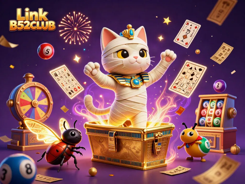 Play exciting games at Link B52CLUB with a vibrant casino illustration featuring a mummy cat and lottery elements.
