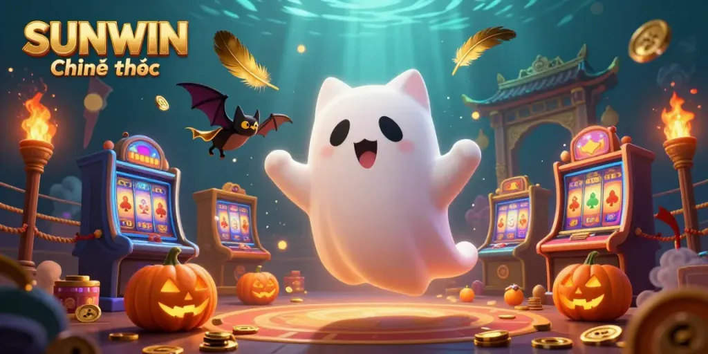 Experience the thrilling atmosphere of SUNWIN Chính thức with ghostly characters and vibrant casino elements.