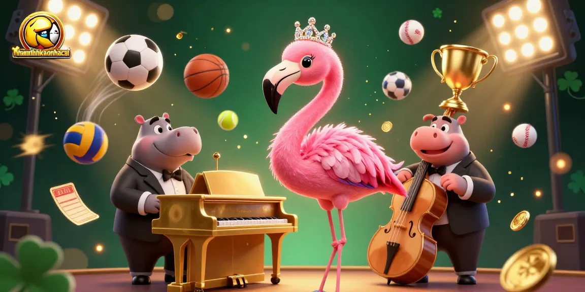 Bet on nhandinhkeonhacai with a vibrant illustration of a flamingo singer and hippo musician.