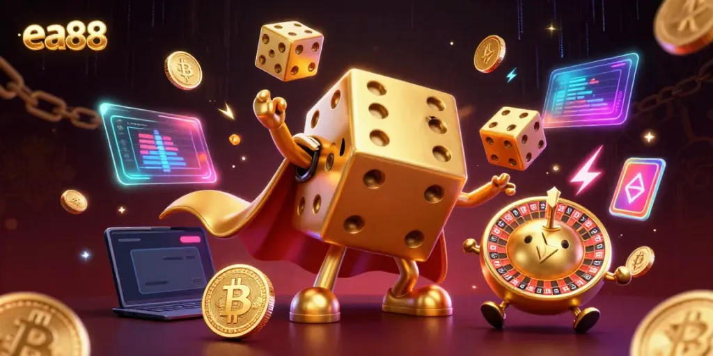 Experience exciting gaming with the ea88 golden dice golem in a vibrant casino scene.