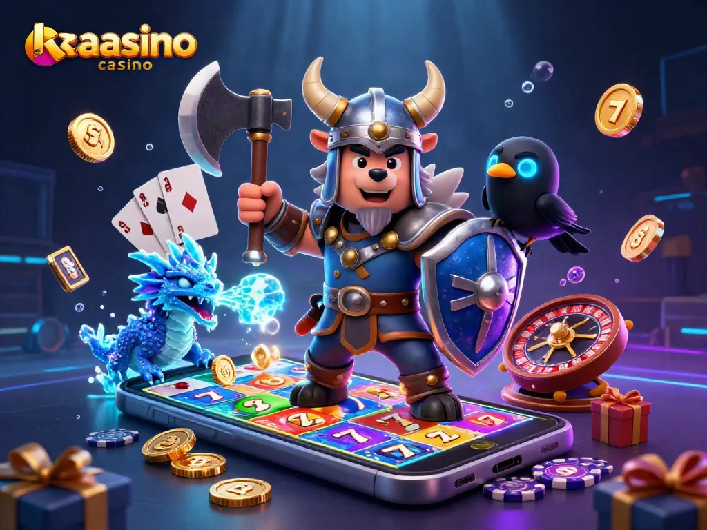 Kaasino casino showcases a Viking wolf warrior, fierce dragon, and glowing raven amidst vibrant gaming elements.