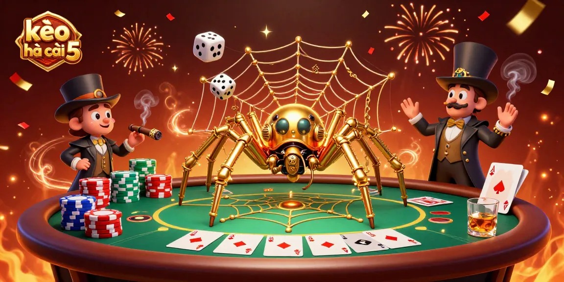 Engage with kèo nhà cái 5 on a steampunk-themed casino scene, featuring poker and unique characters.