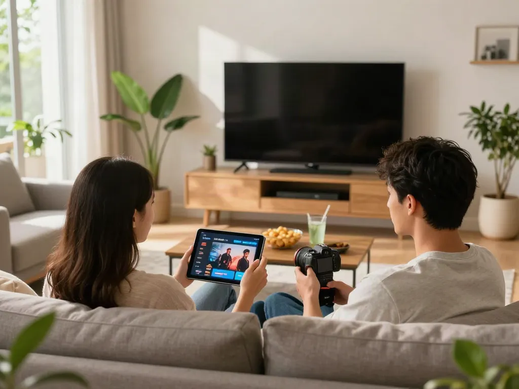 Couple enjoying MovieBox Pro for iOS in a cozy living room setting.