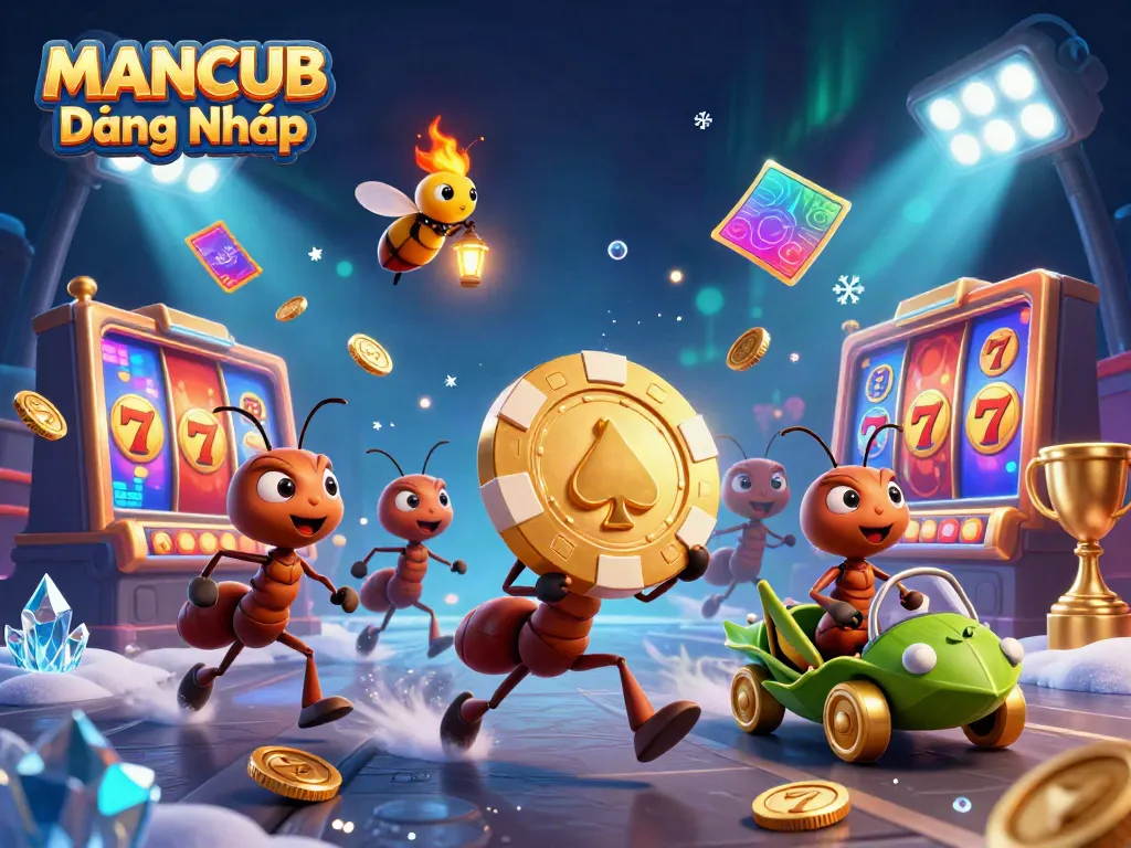 Cheerful ants heisting a golden poker chip while a grasshopper getaway driver races in MANCUB Đăng Nhập casino.