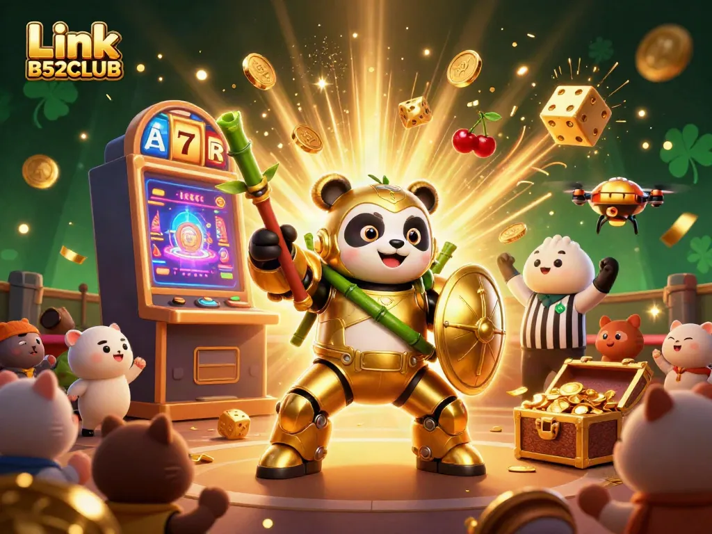 Engage with thrilling games at Link B52CLUB featuring a playful panda in an exciting casino scene.