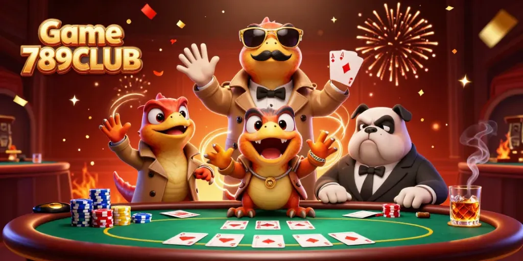 Experience Game 789CLUB with raptors in disguise attempting to enter a VIP casino, surrounded by poker elements.
