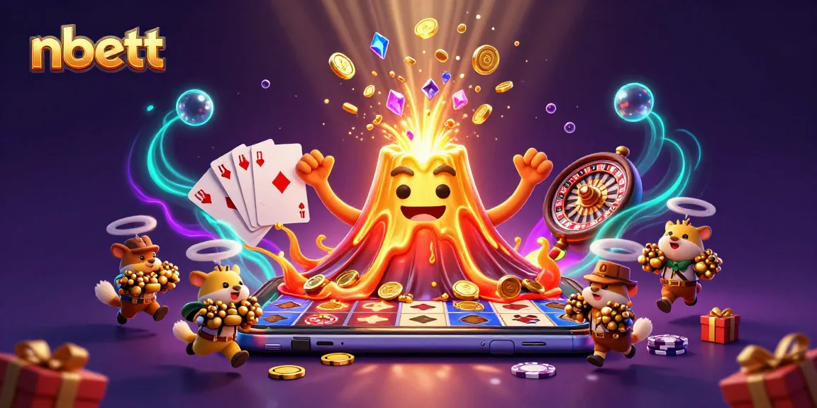 Experience thrilling wins with nbett's vibrant casino adventure showcasing a golden volcano and treasure seekers.