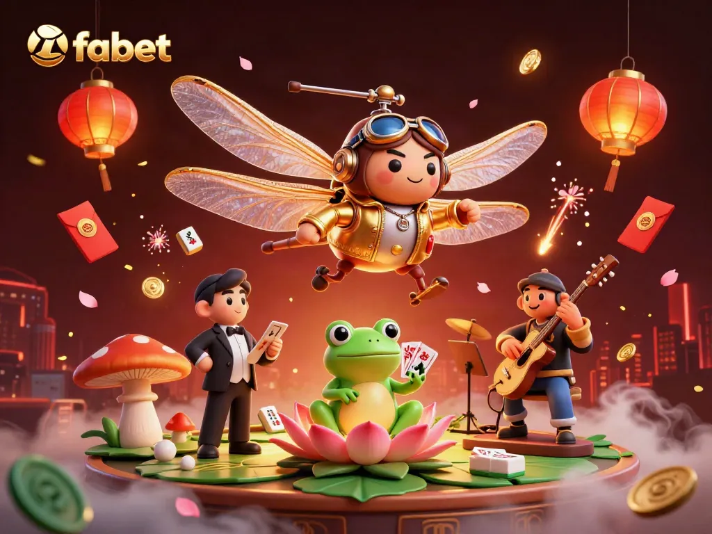 Engage with fabet's vibrant 3D casino scene featuring a dragonfly pilot and frog dealer amidst rich gaming elements.