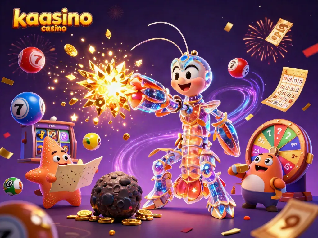 Kaasino casino features a galactic samurai mantis shrimp and starfish amidst vibrant casino elements and celebrations.