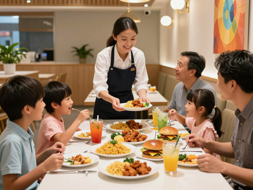 ROKOK88 slot scene of a family dining together, enjoying diverse menu items in a warm, inviting restaurant atmosphere.