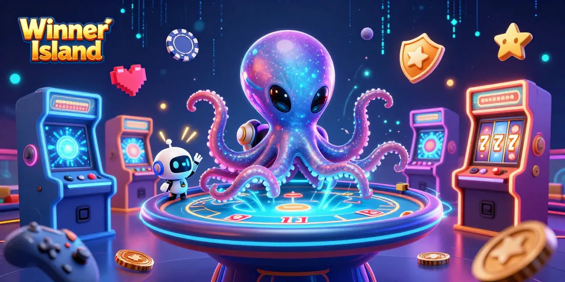 Experience dynamic gaming action at Winner Island with a colorful alien octopus and glowing casino elements.