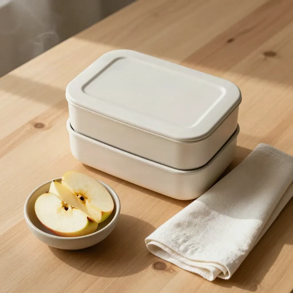 Overhead flatlay van een lunchbox met appelpartjes, servet en lunchdoek op licht hout.