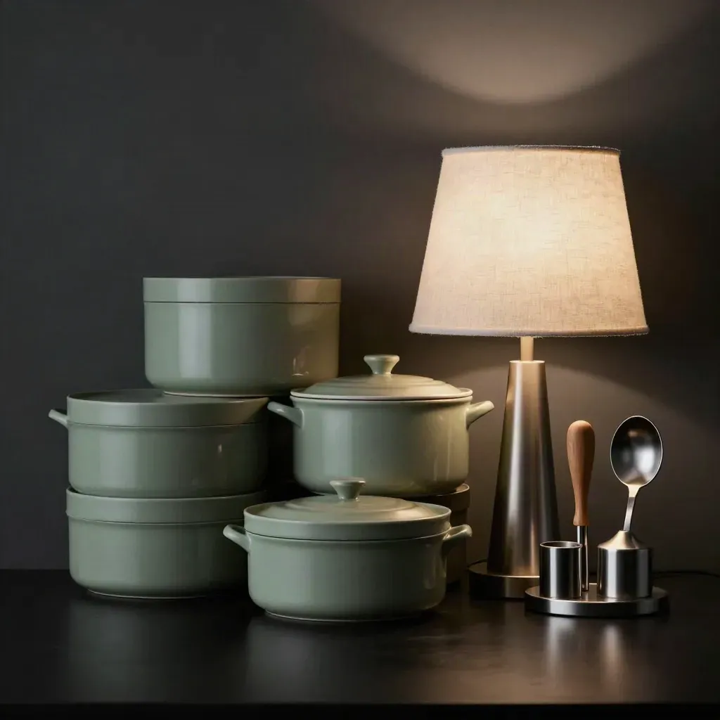 Opbergdozen, lamp en keukengerei in een donkere, luxe productopstelling.