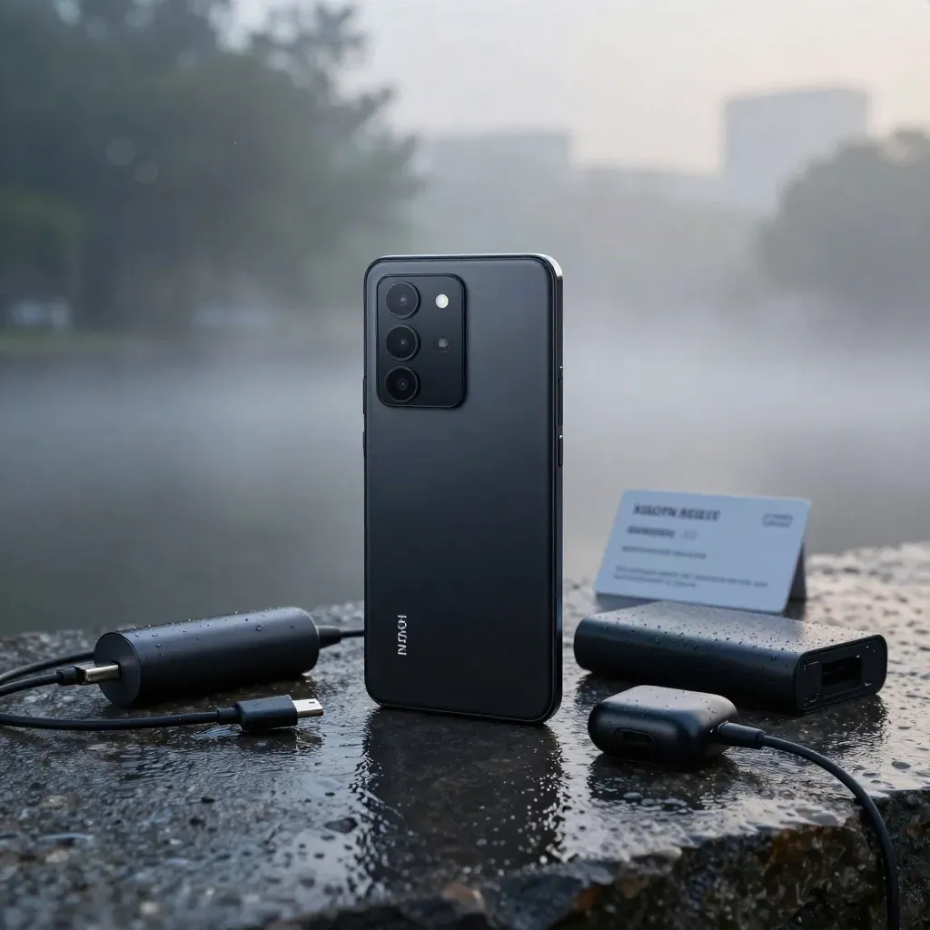 Matzwarte smartphone met lader, kabel, oordopjes en powerbank op natte steen in ochtendsmist.