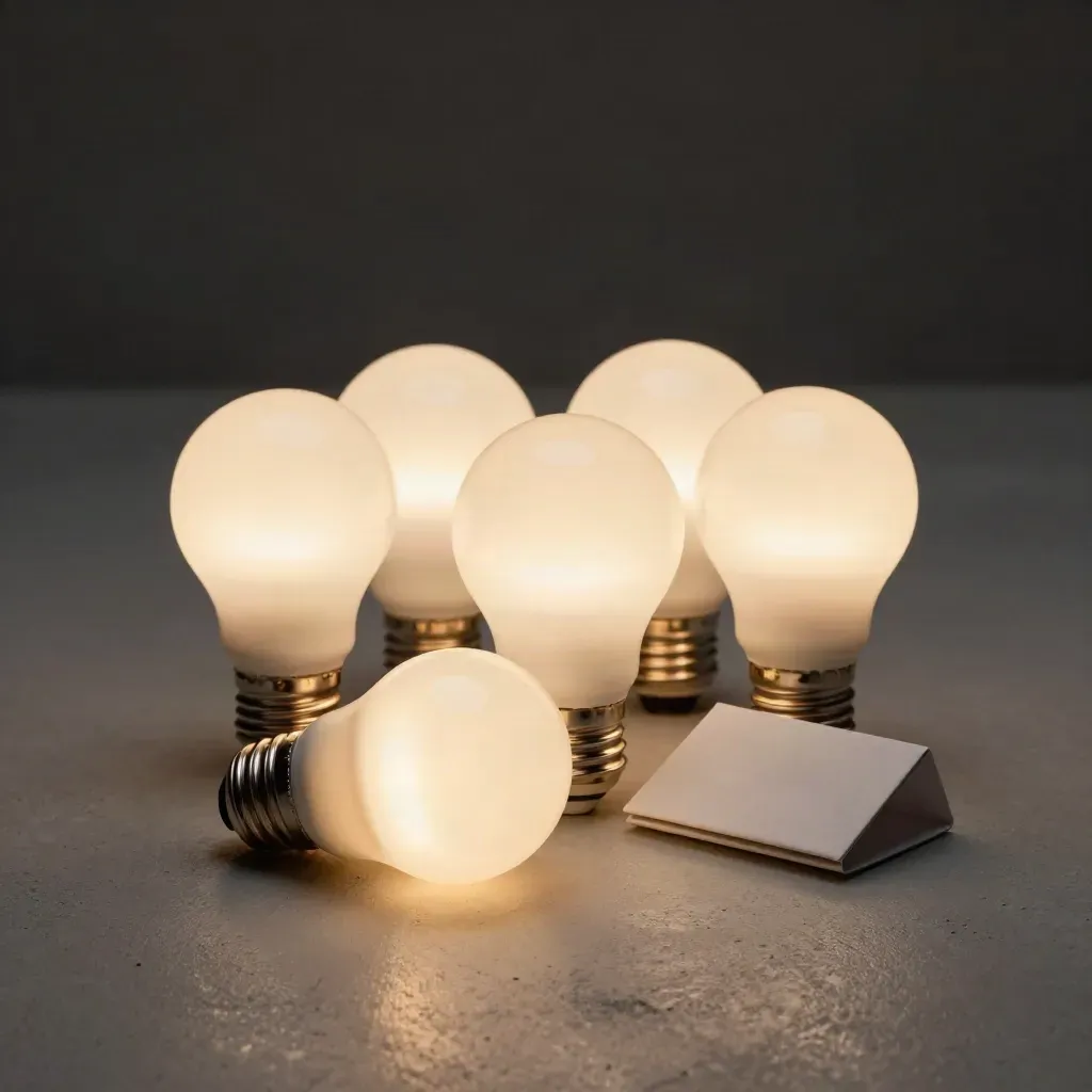 Zes frosted LED-bollen met keramische fitting op licht beton in warme gloed.