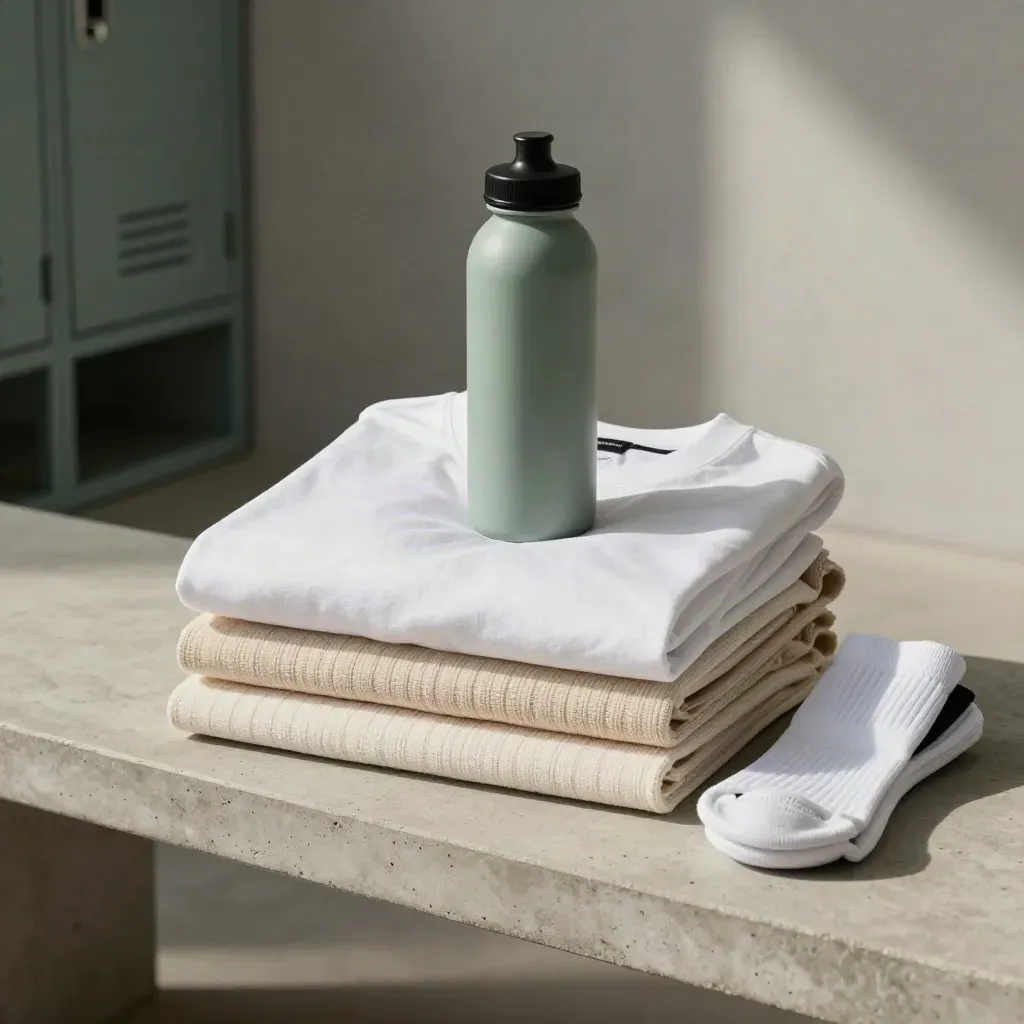Witte sportshirt-stapel met bidon, handdoek en sokken op een betonnen bankje.