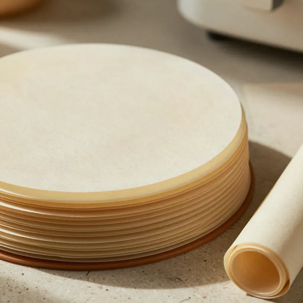 Stack ronde airfryer bakpapiertjes met siliconen ring op travertin, zacht studiogemonteerd