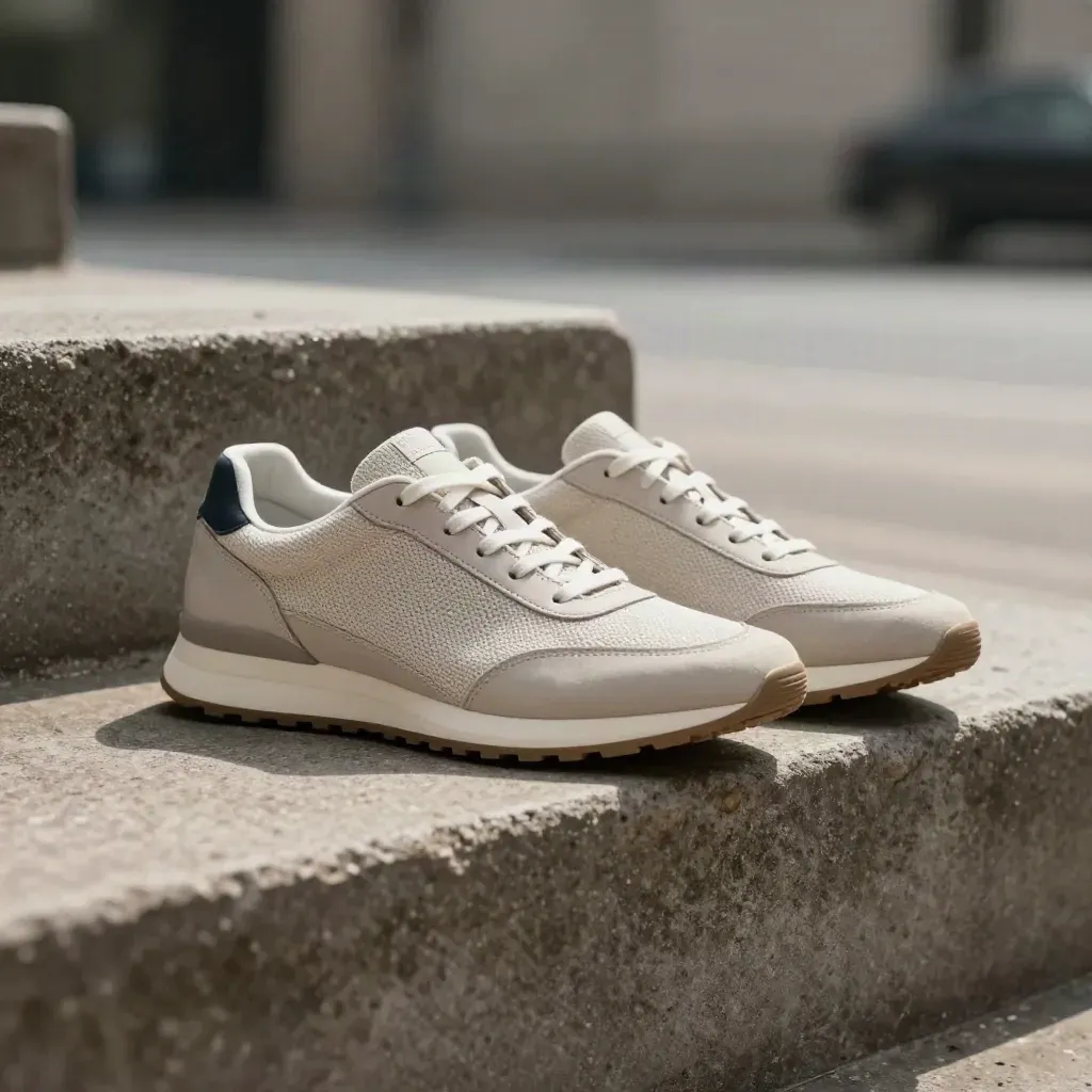 Twee basic herensneakers op een betonnen trap met losse veters en stoffige zolen.