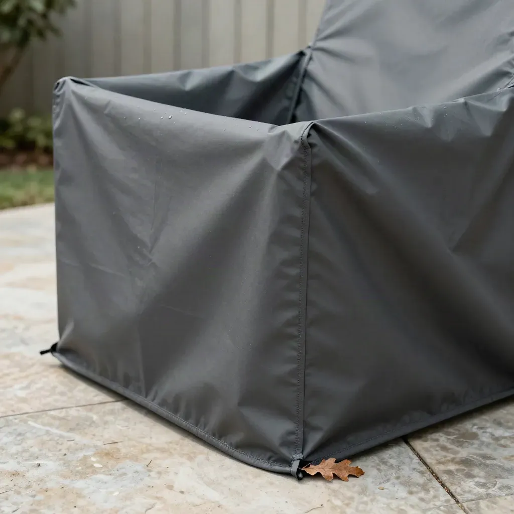 XL tuinsethoes over opgevouwen stoelen, natte bladeren en druppels op een stenen terras
