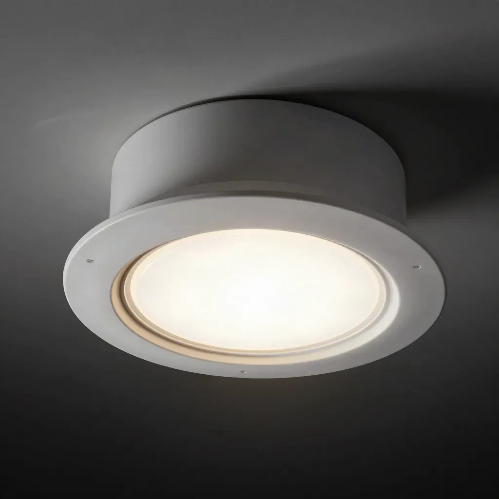 Witte LED plafondlamp gloeit op donkere studio-ondergrond met zachte halo