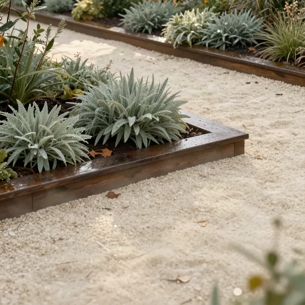 Natte tuinrand met houten kant, zachte mist en gebogen pad bij warm amber licht.