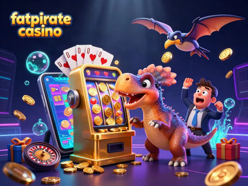 Experience the excitement at fatpirate casino with vibrant scenes of slot machines and whimsical characters.