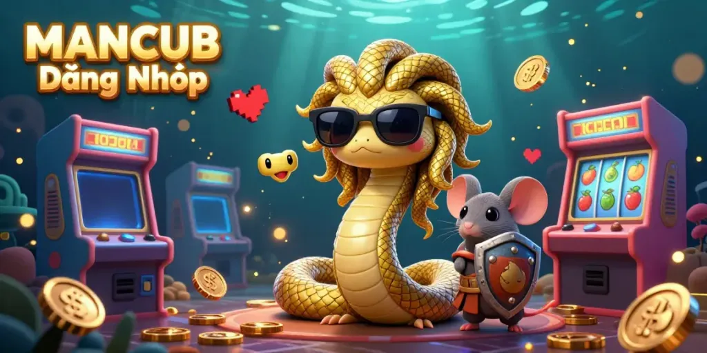 MANCUB Đăng Nhập showcases a vibrant 3D casino scene with Medusa and warrior mouse, featuring gaming slots and golden elements.