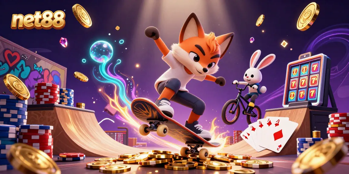 Experience the thrill of net88 with dynamic gambling action featuring a skateboarder fox and BMX rabbit.