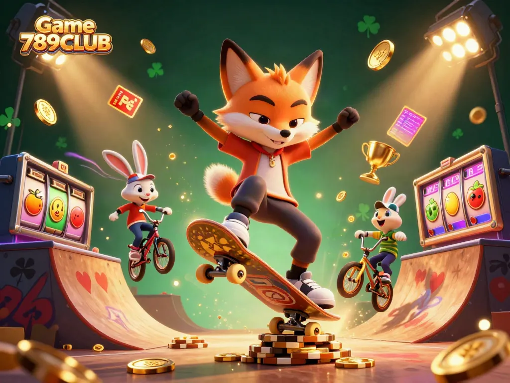 Game 789CLUB brings excitement with a skateboarder fox and BMX rabbit over a casino-themed rink.