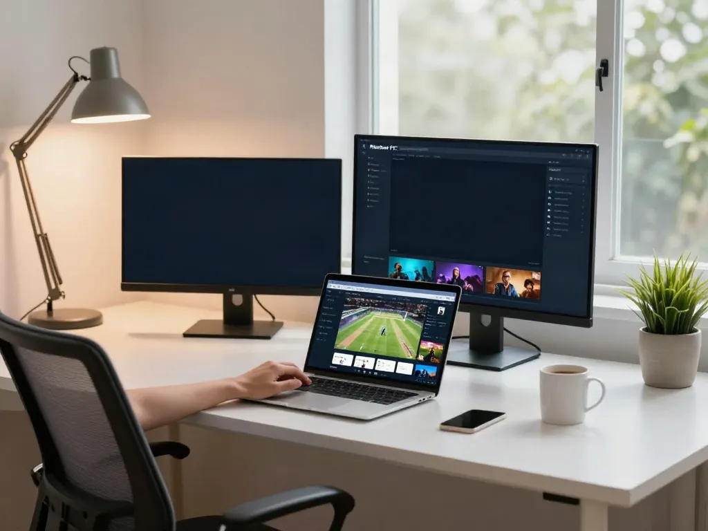 Streaming Pikashow for PC in a modern home office, with a warm and inviting atmosphere