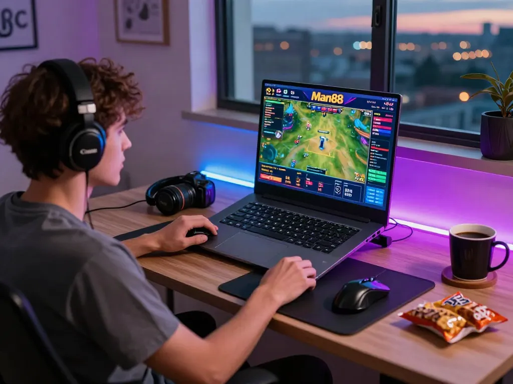 Engaged player on Man88 platform in a stylish home office.