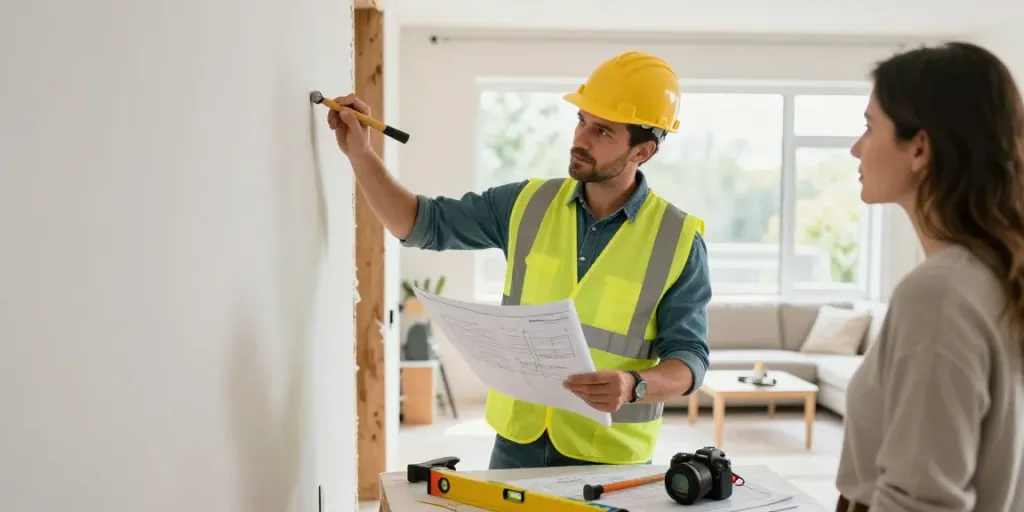 MJ Renovatie expert inspecteert een draagmuur in een moderne woning met blauwdrukken en gereedschap.