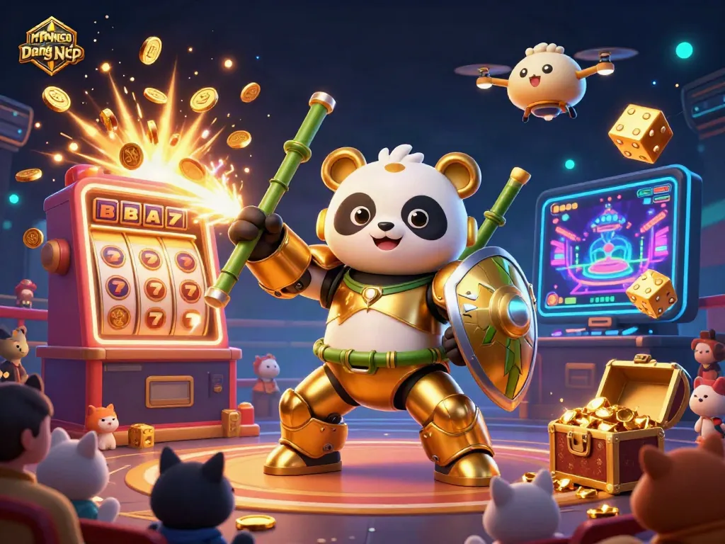 Experience the dynamic world of MANCUB Đăng Nhập with a mech-suit panda at the jackpot explosion and vibrant casino elements.