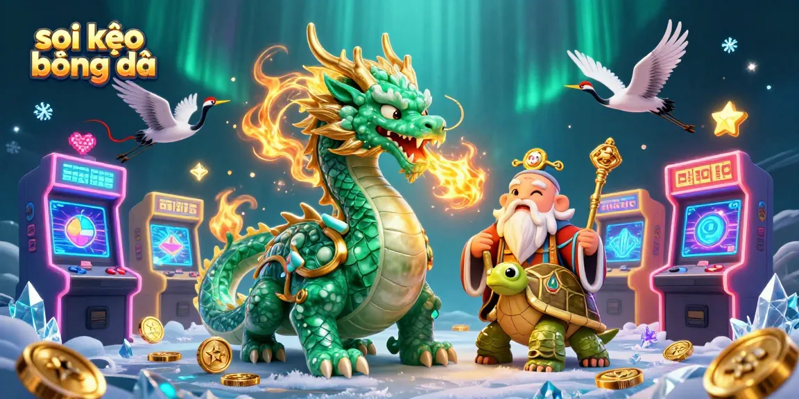 Soi kèo bóng đá enhancing your betting experience with a vibrant 3D illustration of a jade dragon, turtle sage, and lucky cranes.