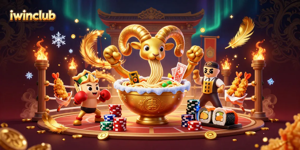 Experience thrilling gameplay at iwinclub with a giant ramen bowl dealer stacking chips in an action-packed casino scene.