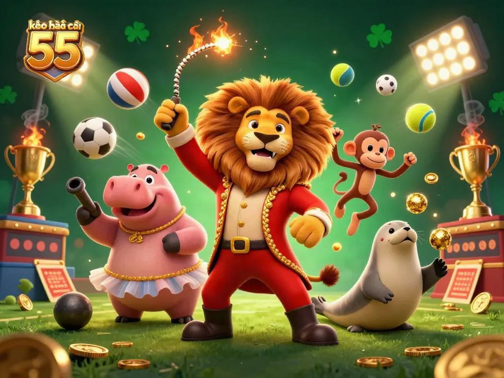 Engage with kèo nhà cái 55 through a vibrant circus scene full of dynamic sports betting elements.