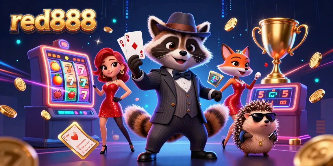 Engage in thrilling gameplay on red888 with a charming raccoon and friends in a dynamic casino scene.