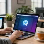 Download Telegram on a developer's laptop in a modern workspace, showcasing productivity and innovation.