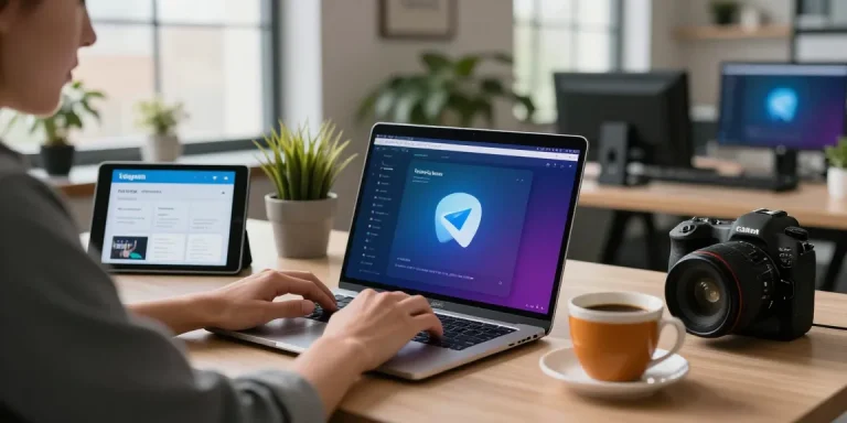 Download Telegram on a developer's laptop in a modern workspace, showcasing productivity and innovation.
