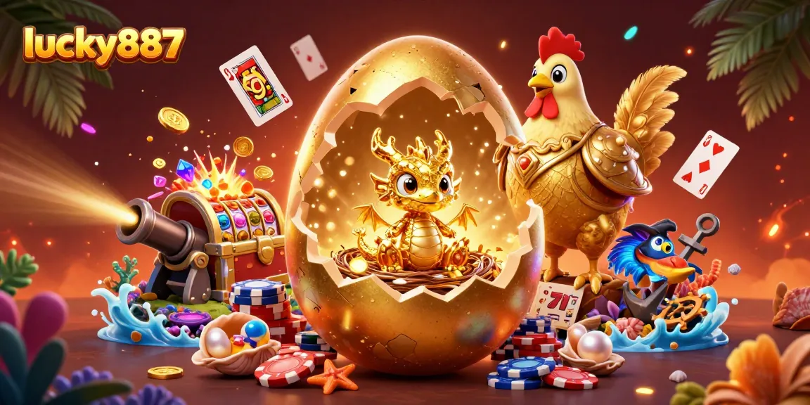 Experience lucky887 with a golden dragon amidst poker elements and vibrant casino treasures.