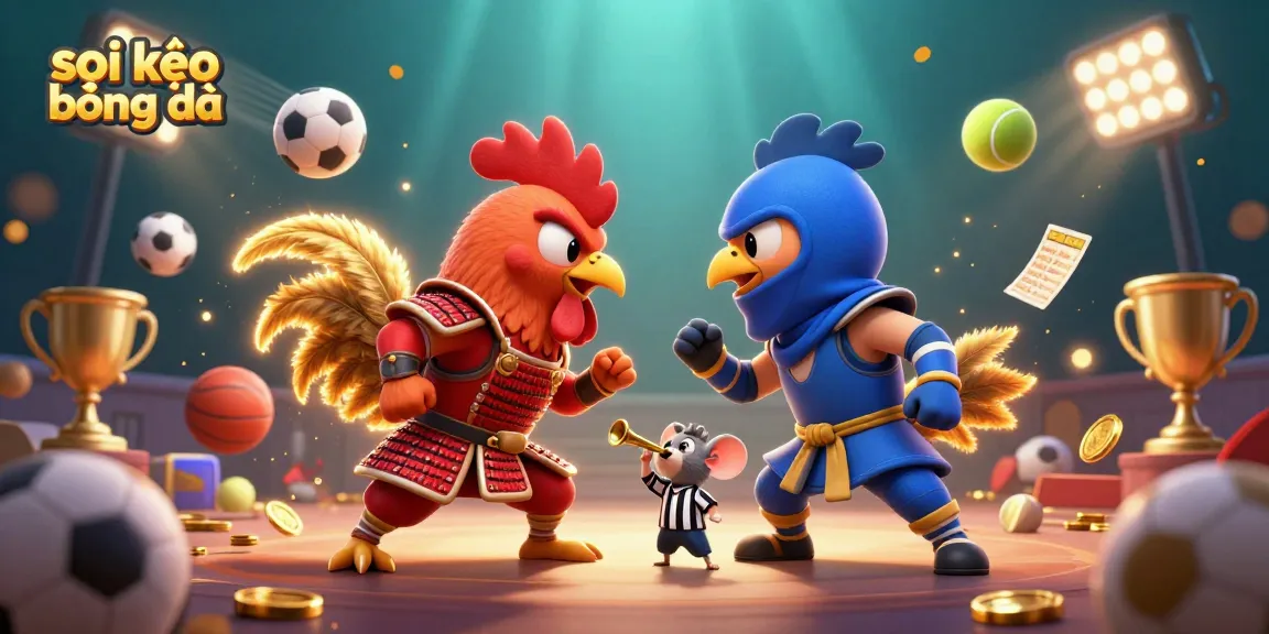 Soi kèo bóng đá features an exciting 3D showdown between roosters in samurai and ninja outfits amidst sports elements.