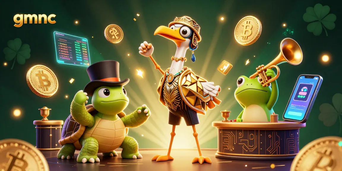 Engage with gmnc in this lively casino-themed illustration featuring playful characters and crypto elements.