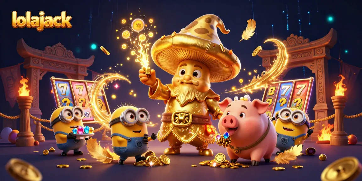 Spin the reels at Lolajack Casino featuring a golden mushroom wizard and treasure-hunting pig.