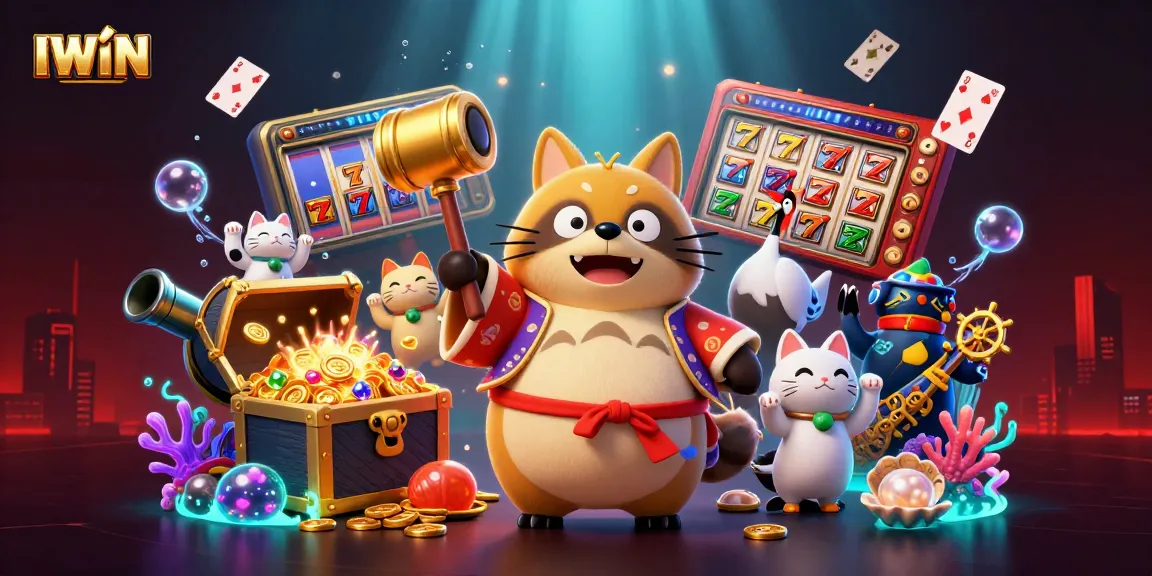 IWIN celebrates luck with vibrant 3D casino scene featuring a cheerful tanuki and slot elements.