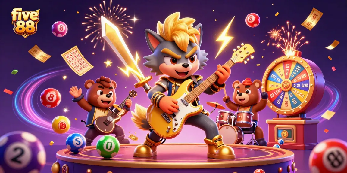 Experience the excitement of five 88 as a rock star wolf performs on stage amid colorful lottery elements.